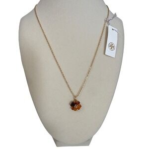 Tory Burch Roxanne Gold Tone Amber Tortoise Resin Flower Pendant Necklace NEW